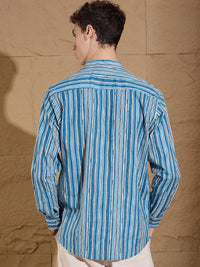 Dennison Striped Band Collar Cotton Pure Lurus Kurta Pendek