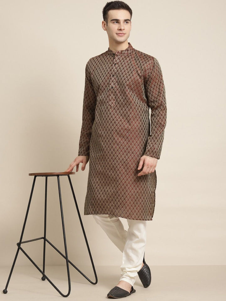 SOJANYA Motif Etnik Rekaan Tenunan Kurta Lurus Kolar Mandarin Dengan Churidar
