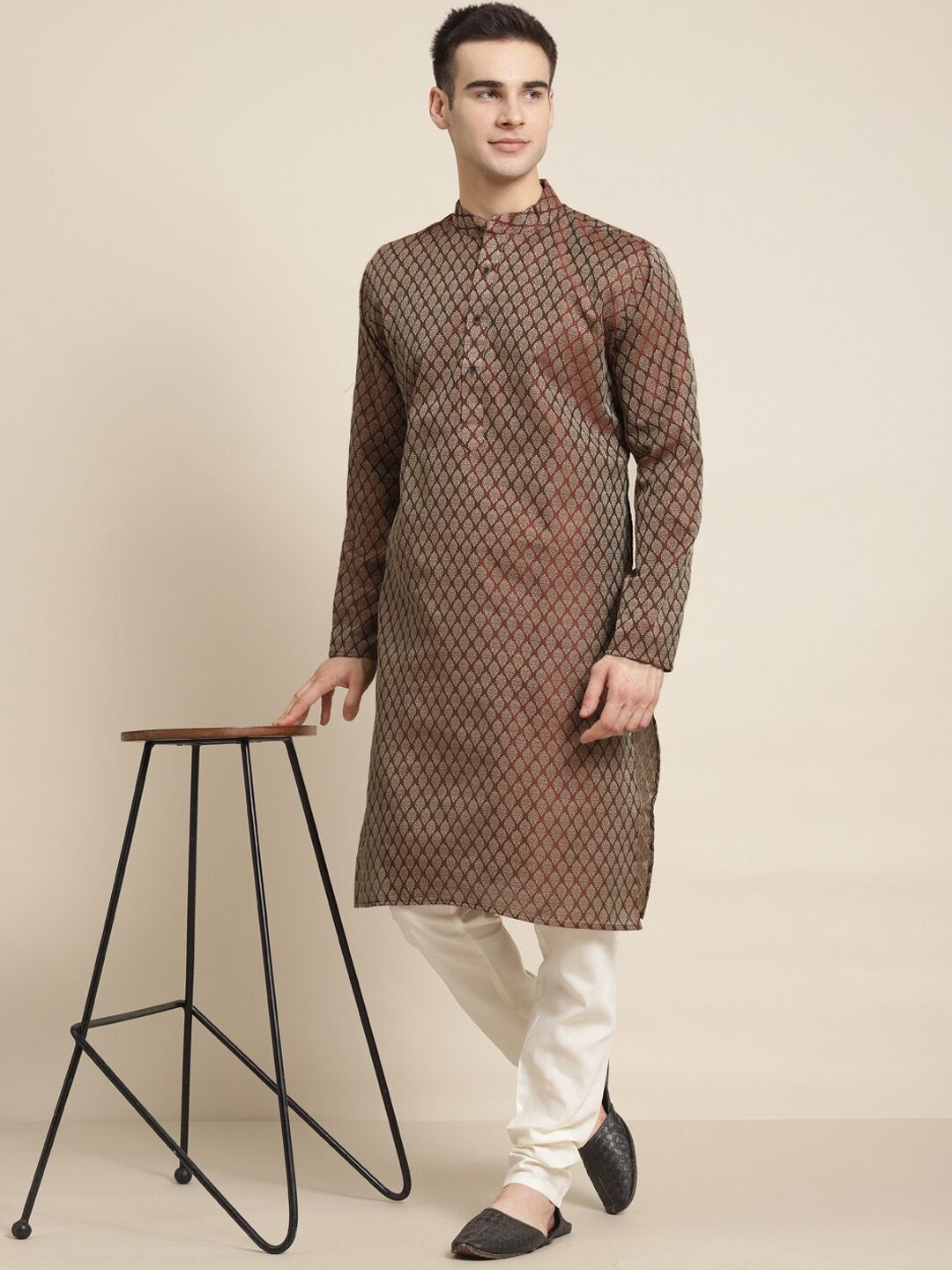 SOJANYA Motif Etnik Rekaan Tenunan Kurta Lurus Kolar Mandarin Dengan Churidar