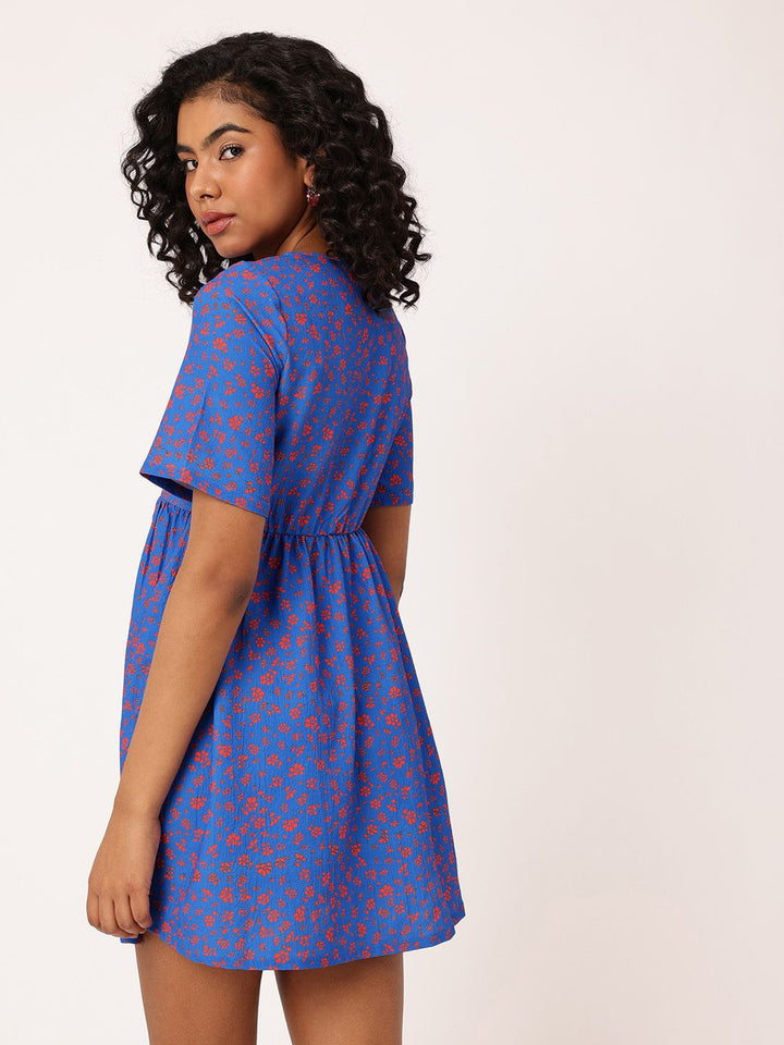 DressBerry Floral Twisted Cut-Out Gathers Seersucker A-Line Mini Dress