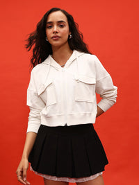 DressBerry Hooded Drop-Shoulder Sleeve Crop Sweatshirt