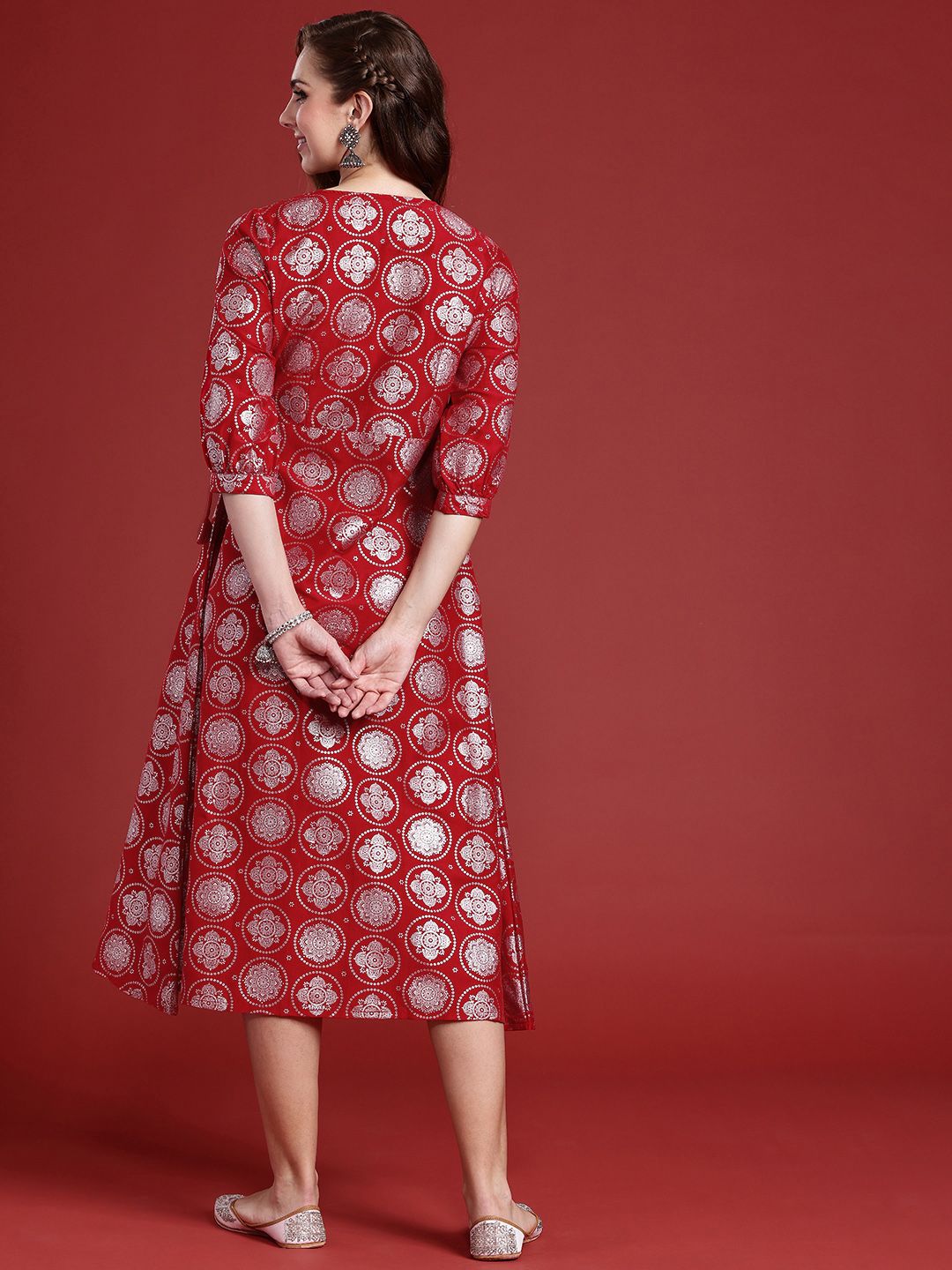 Anouk Ethnic Motifs Foil Printed Wrap Style A-Line Midi Ethnic Dress