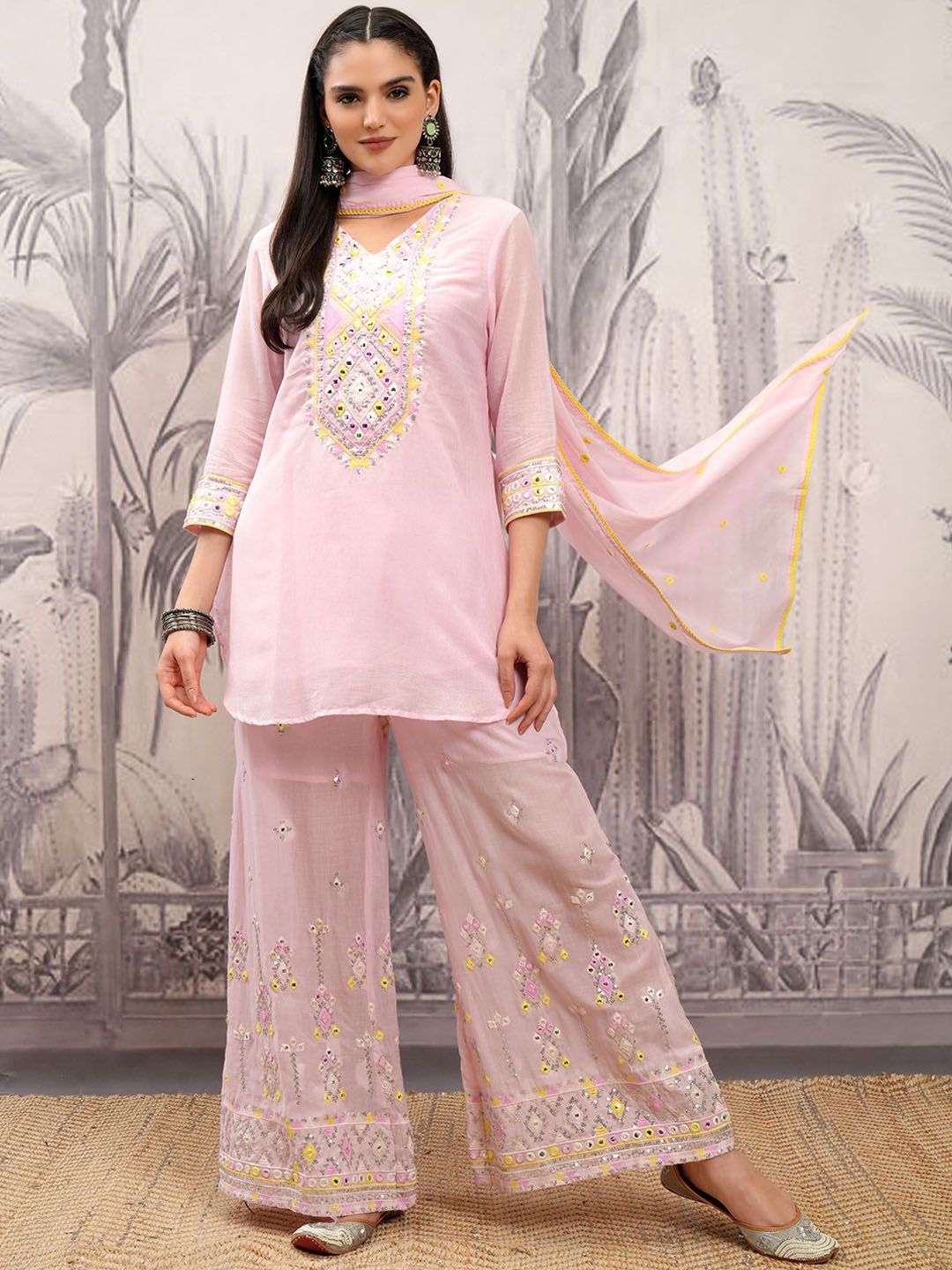 Vishudh Ethnic Motifs Embroidered Pure Cotton Straight Kurta & Sharara With Dupatta