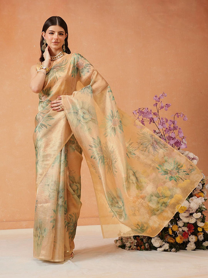 Silk Land Digital Print Floral Tissue Muga Silk Saree