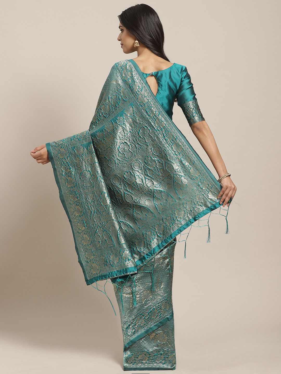 Saree mall Teal Green & Golden Woven Design Banarasi Saree