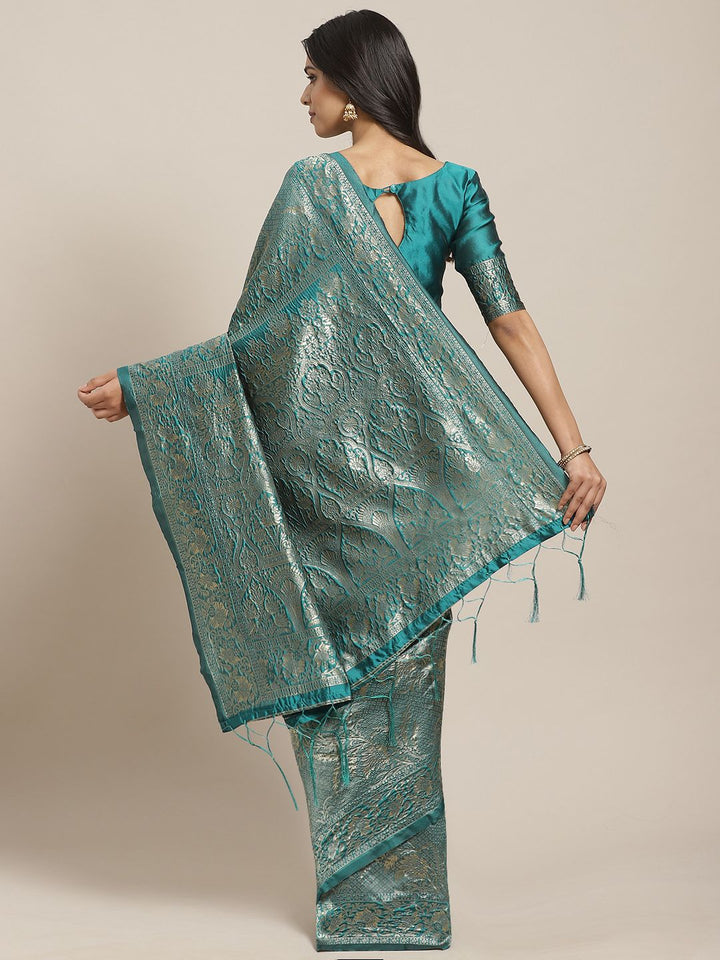 Saree mall Teal Green & Golden Woven Design Banarasi Saree