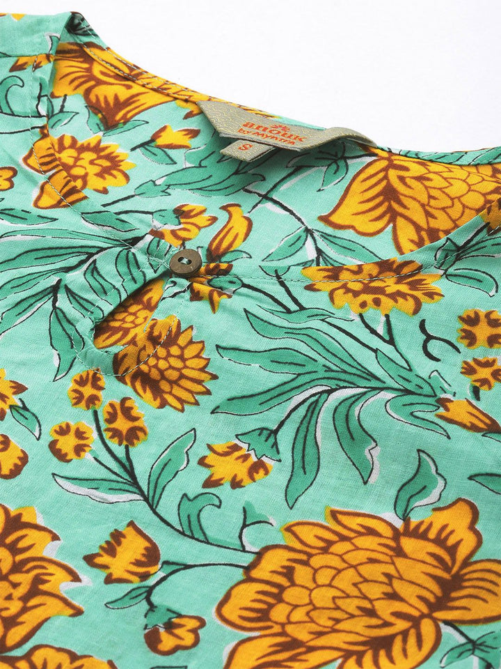 Anouk Women Sea Green & Yellow Floral Printed Keyhole Neck Pure Cotton Kurta