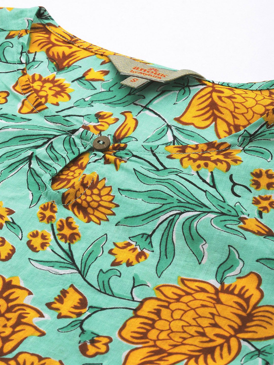 Anouk Women Sea Green & Yellow Floral Printed Keyhole Neck Pure Cotton Kurta