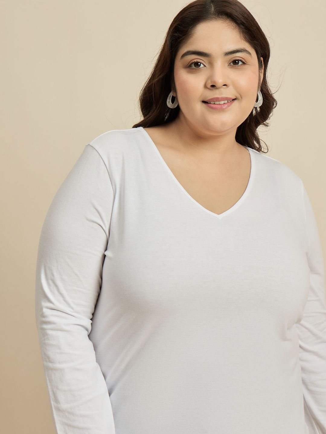 CURVY STREET Women Solid V-Neck Cotton Plus Size T-shirt