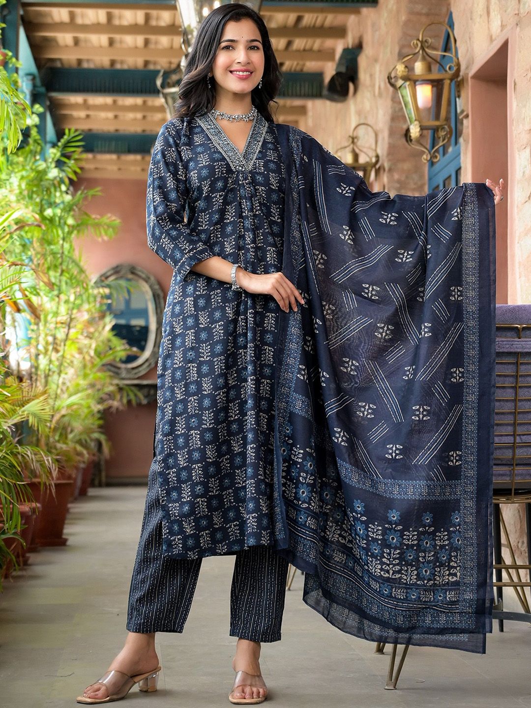 KALINI Floral Printed V-Neck Thread Work A-Line Kurta With Trousers & Dupatta