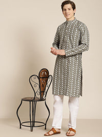 SOJANYA Men Olive Green & White Ethnic Motifs Embroidered Kurta