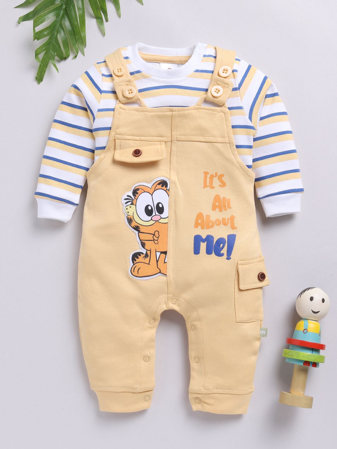 Moms Love Infants Boys Pure Cotton Applique Detail Dungaree With Striped T-Shirt