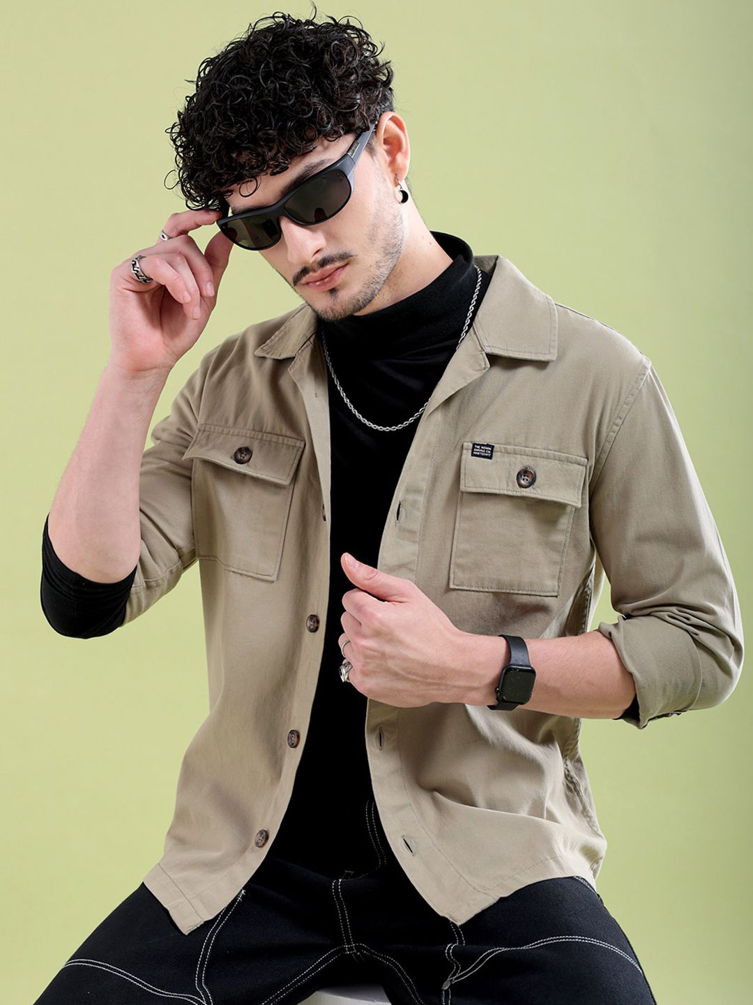 The Indian Garage Co Men Khaki & Black Typography Print Back Slim Fit Cotton Casual Shirt
