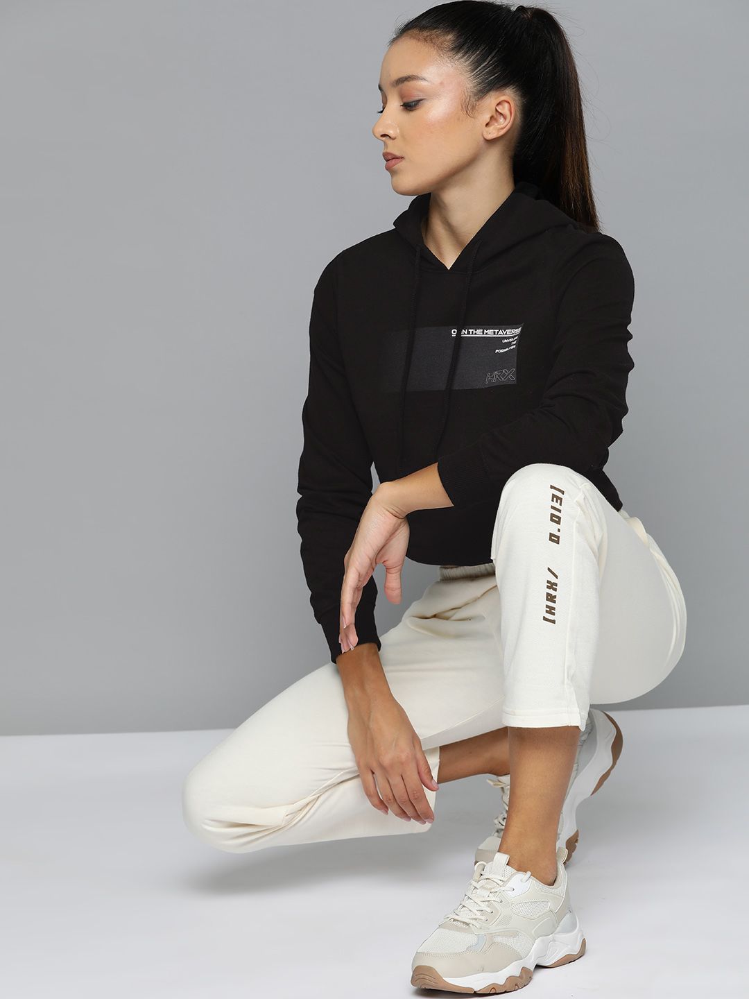 HRX by Hrithik Roshan Minimal Typography Printed Cropped Hooded Lifestyle Sweatshirt