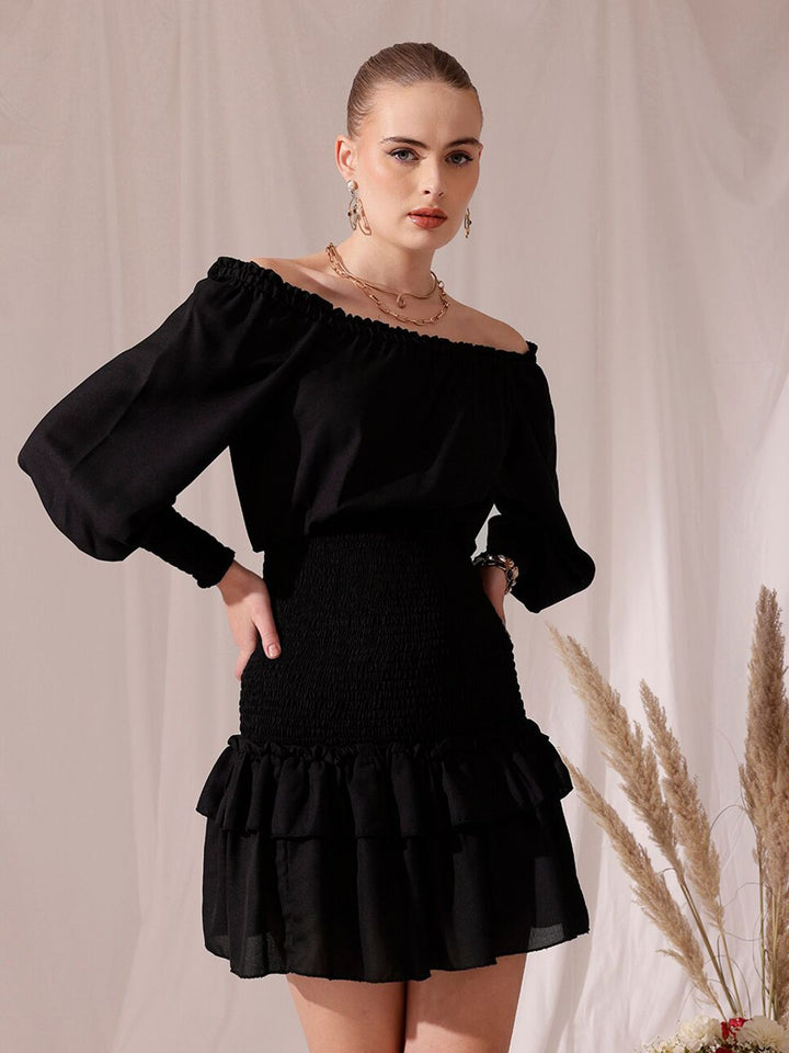 STREET 9 Off-Shoulder Smocked Georgette Layered A-Line Dress