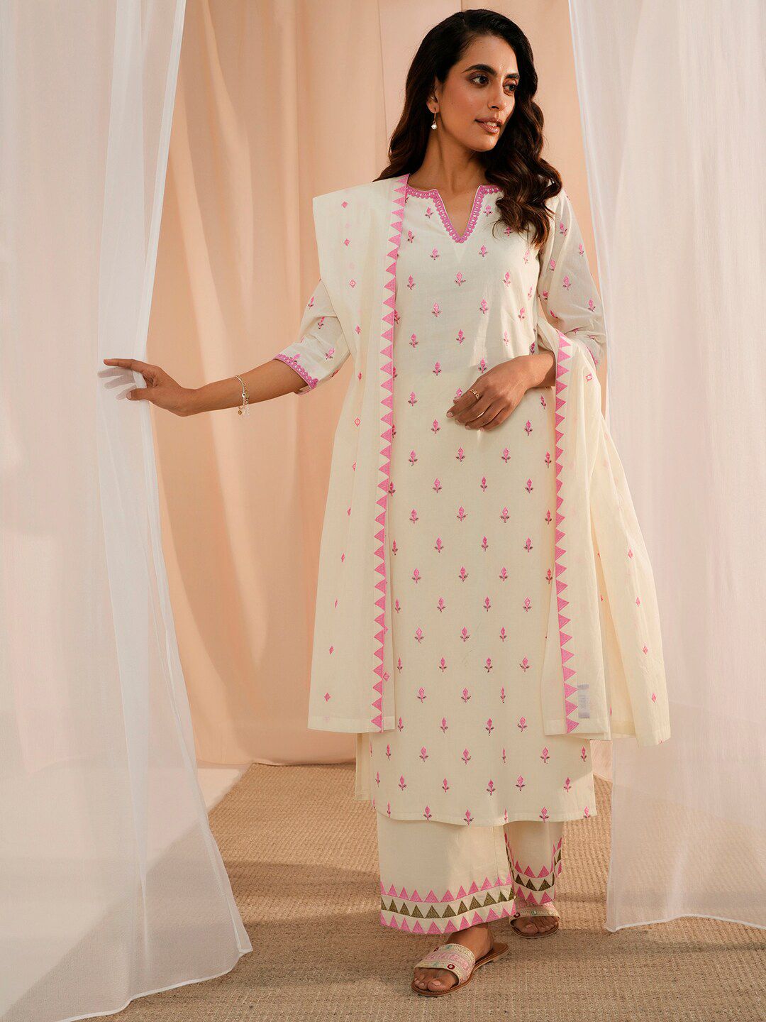 Libas Floral Embroidered Thread Work Pure Cotton Kurta With Palazzos & Dupatta