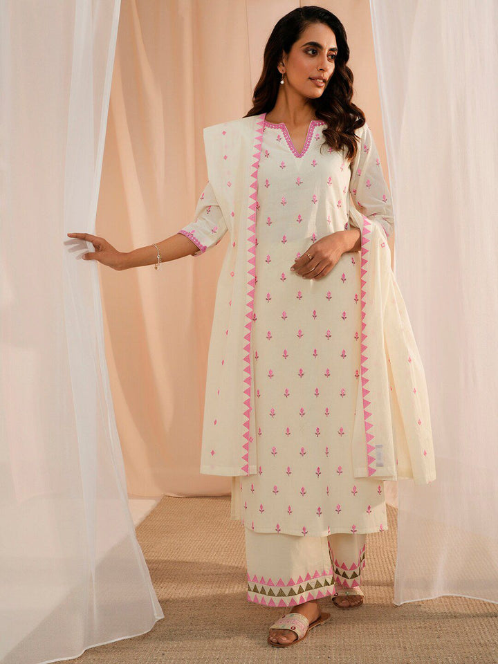 Libas Floral Embroidered Thread Work Pure Cotton Kurta With Palazzos & Dupatta