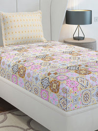 Monte Carlo White Floral Cotton 144 TC Single Bedsheet dengan 1 Bantal Cover-2.29mx1.52m