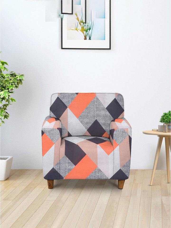 Cortina Orange & White Geometric Printed 1-Seater Sofa Cover