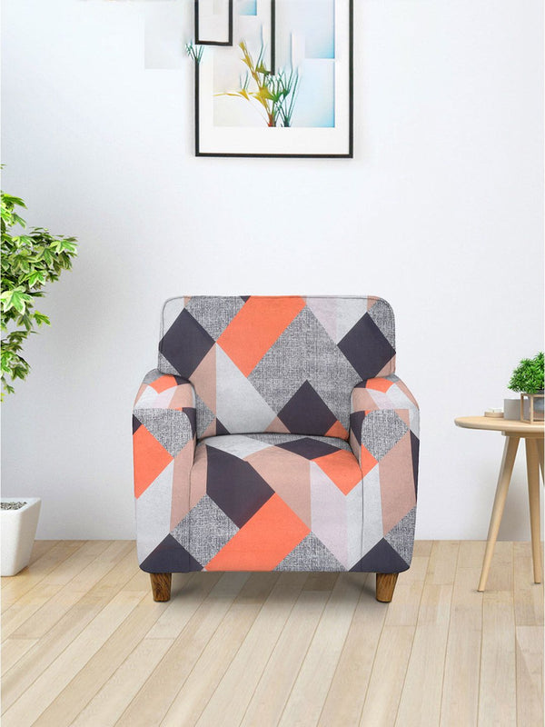 Cortina Orange & White Geometric Printed 1-Seater Sofa Cover