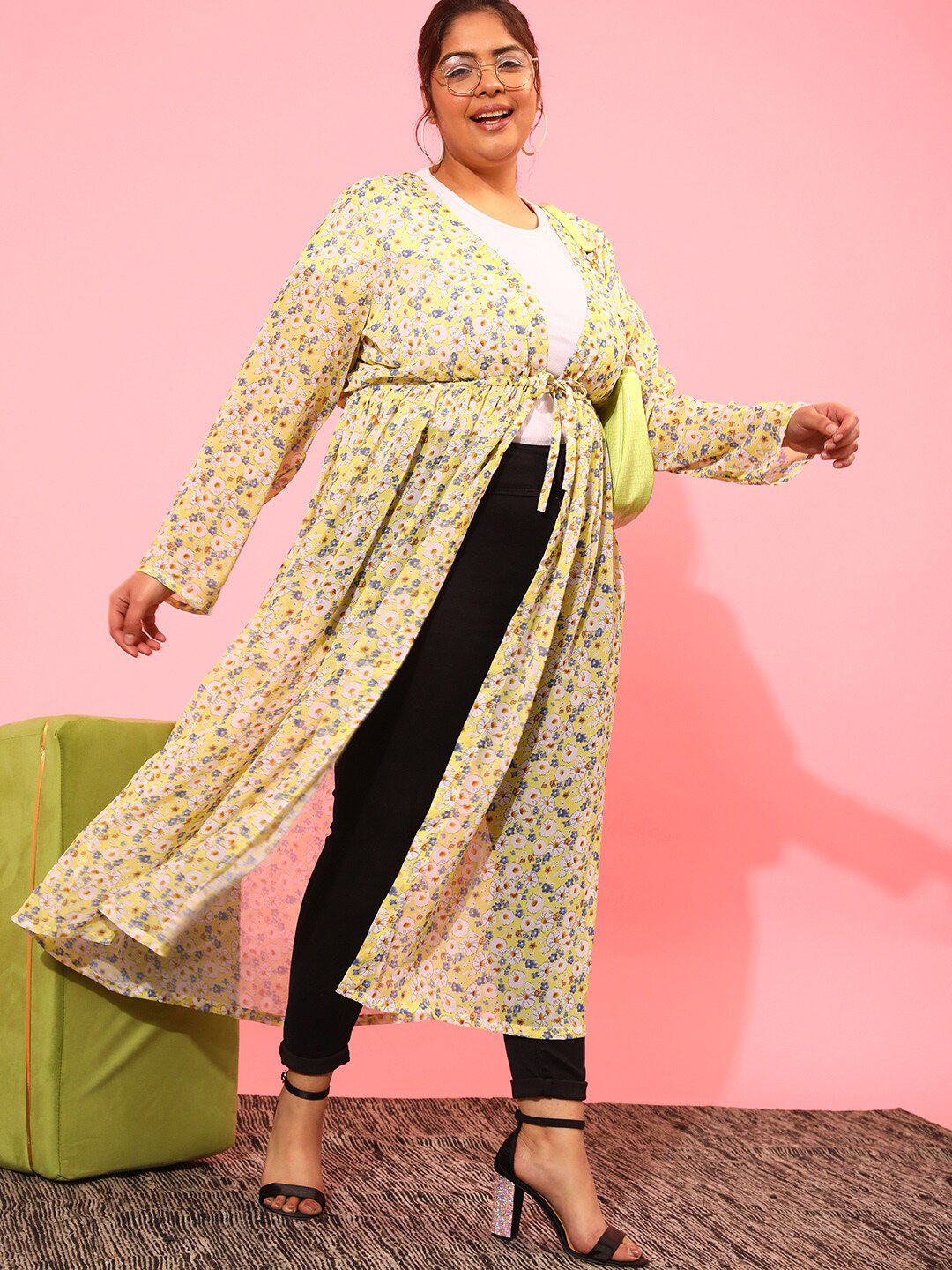 CURVY STREET Women Floral Printed Longline Tie-Up Shrug