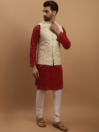 SOJANYA Kurta Kapas Tulen Bersulam Labuci dengan Jaket Churidar & Nehru Bersulam