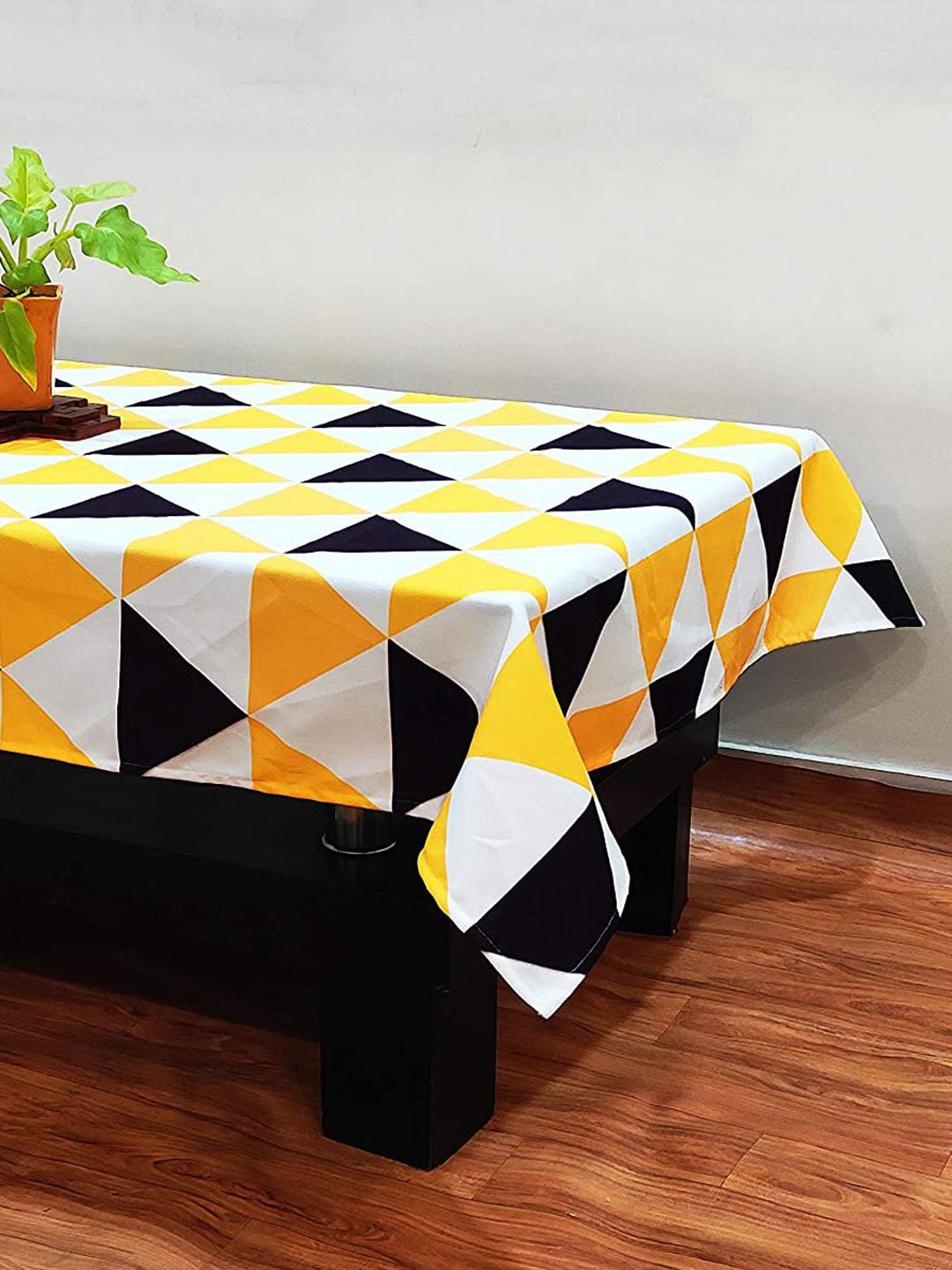 STITCHNEST Yellow & Black Printed Cotton 4-Seater Table Cover