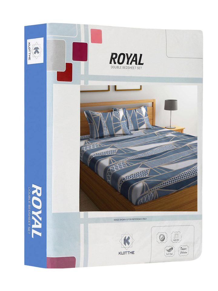 KLOTTHE Blue & Beige  Printed Cotton 300 TC Double King Bedsheet With 2 Pillow Covers