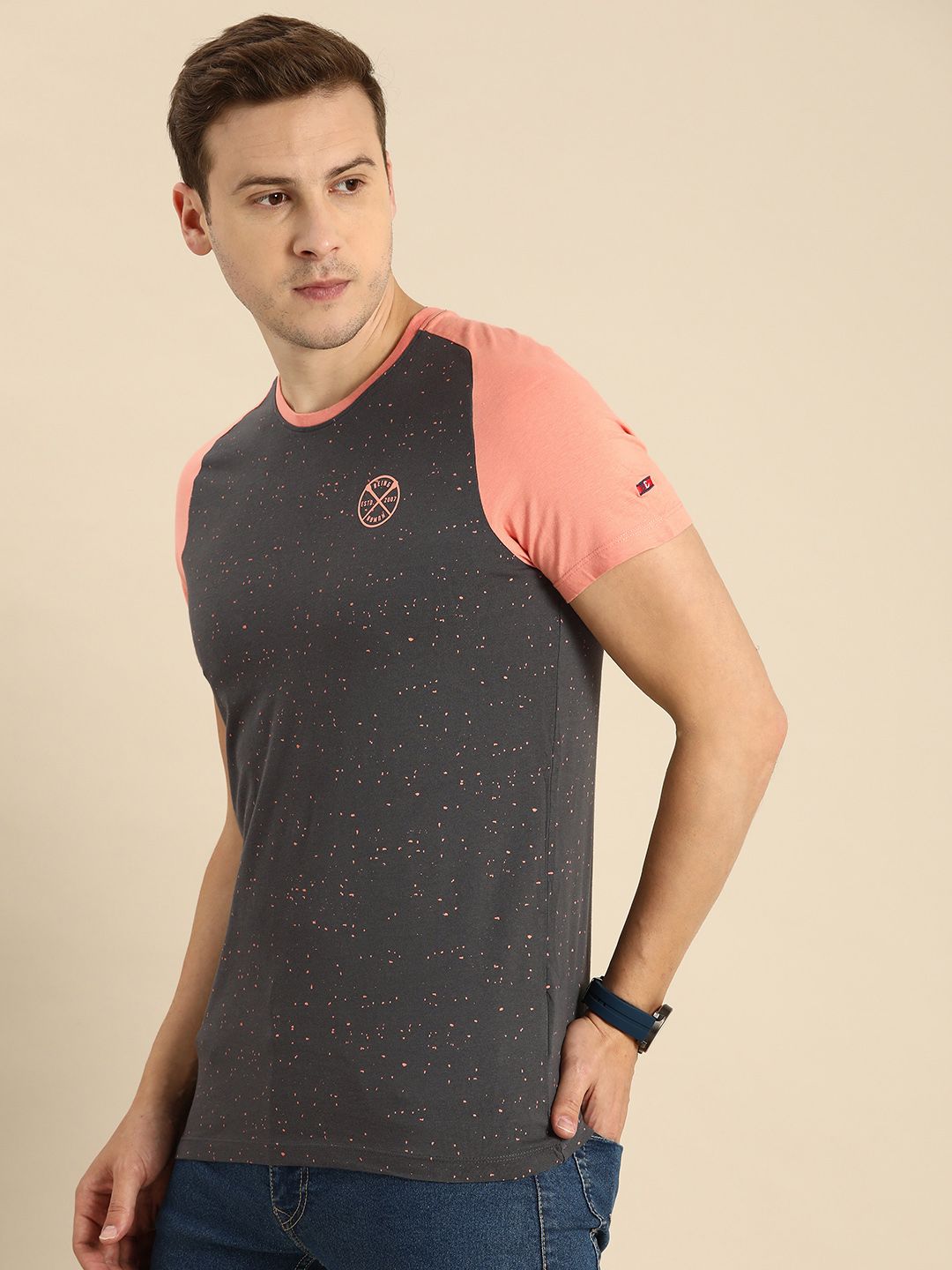 Being Human Men Charcoal & Peach-Coloured Colourblocked Pure Cotton T-shirt