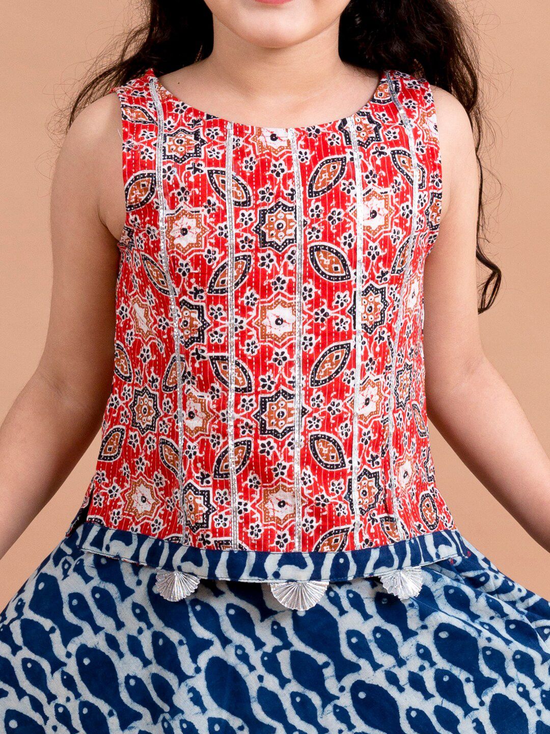 pspeaches Girls Blue & Red Printed Ready to Wear Lehenga &