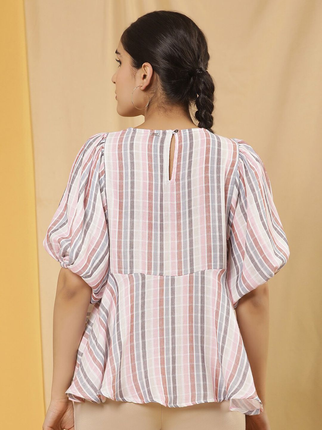 W Vertical Striped Puff Sleeves Cotton Peplum Top