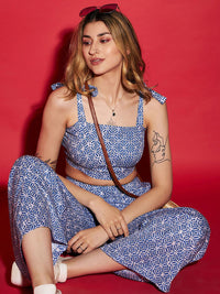 SASSAFRAS Blue Printed Crop Top With Trousers Co-Ords