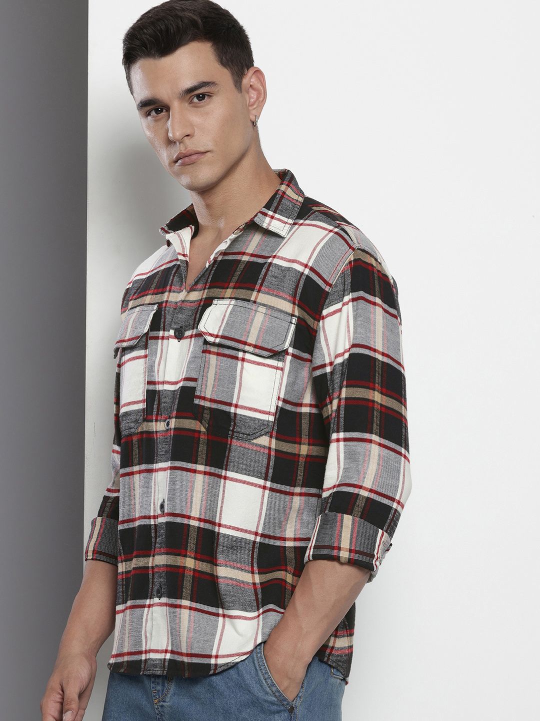 The Indian Garage Co Pure Cotton Checked Drop-Shoulder Sleeves Relaxed Fit Casual Shirt
