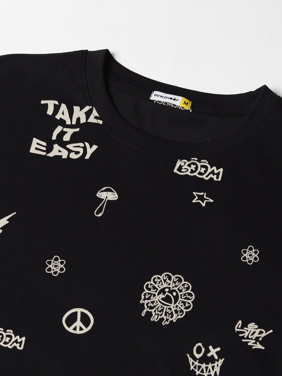 Bewakoof Conversational Printed Drop-Shoulder Sleeves Pure Cotton Oversized T-shirt