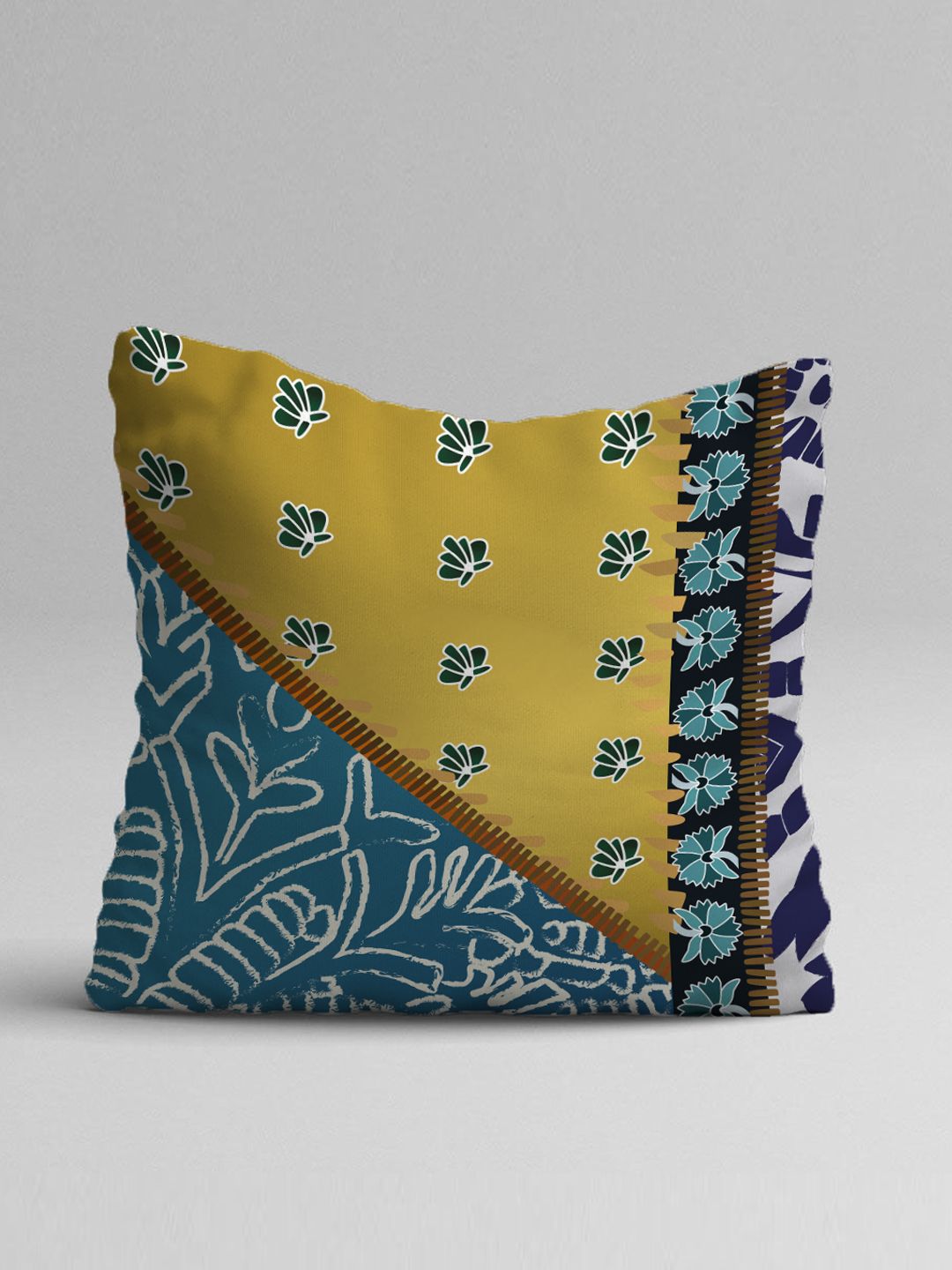 STITCHNEST Blue & Mustard Set of 5 Ethnic Motifs Square Cushion Covers