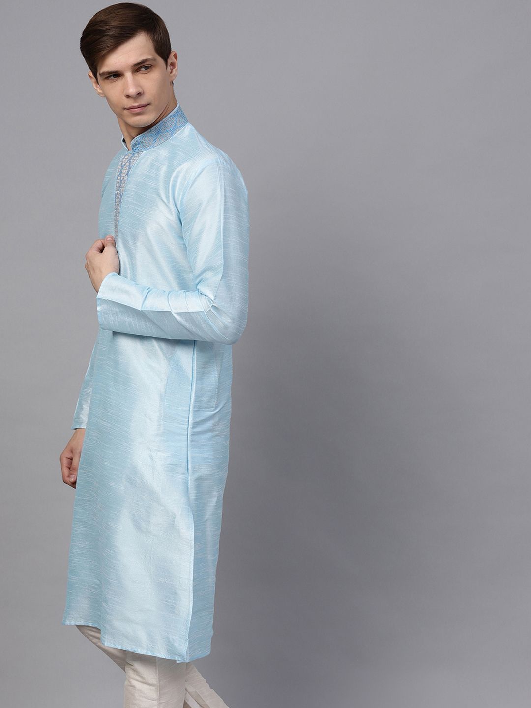SOJANYA Men Turquoise Blue Solid Kurta Lurus