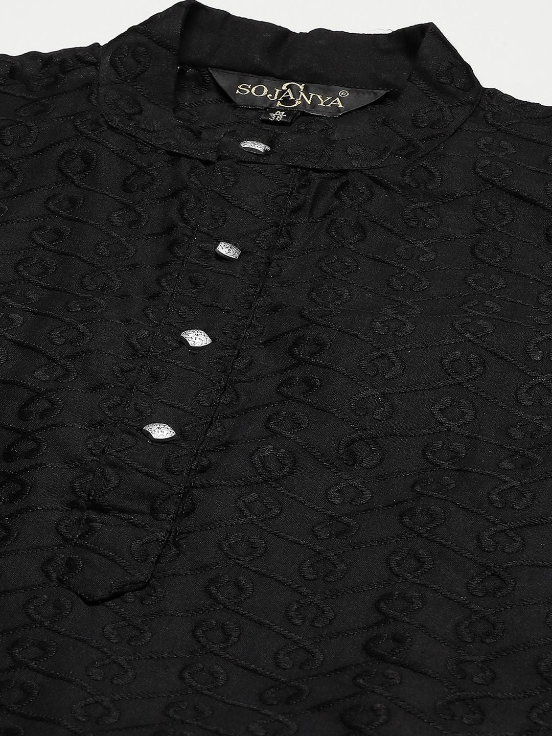 SOJANYA Men Black Ethnic Motifs Chikankari Pure Cotton Kurta with Churidar & Nehru Jacket