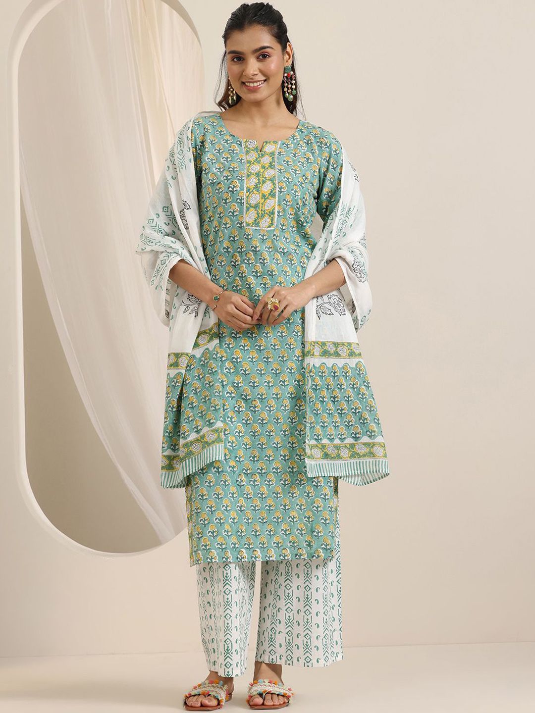 Libas Floral Printed Notch-Neck Straight Kurta With Palazzos And Dupatta