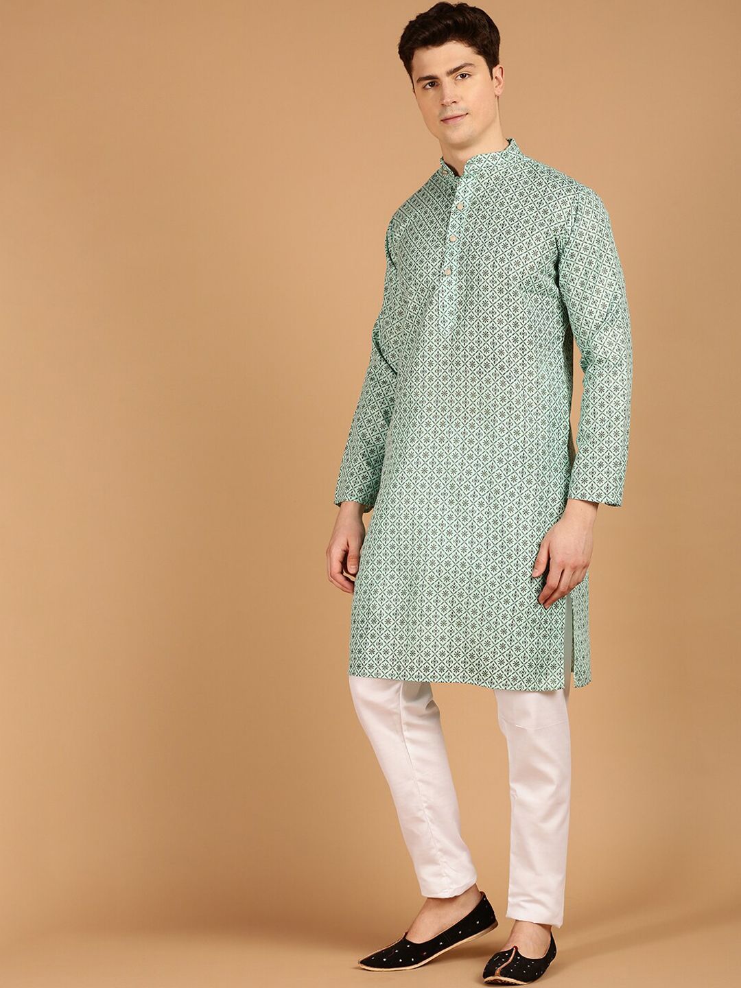 SOJANYA Band Collar Ethnic Motifs Printed Cotton Linen Kurta with Pyjamas