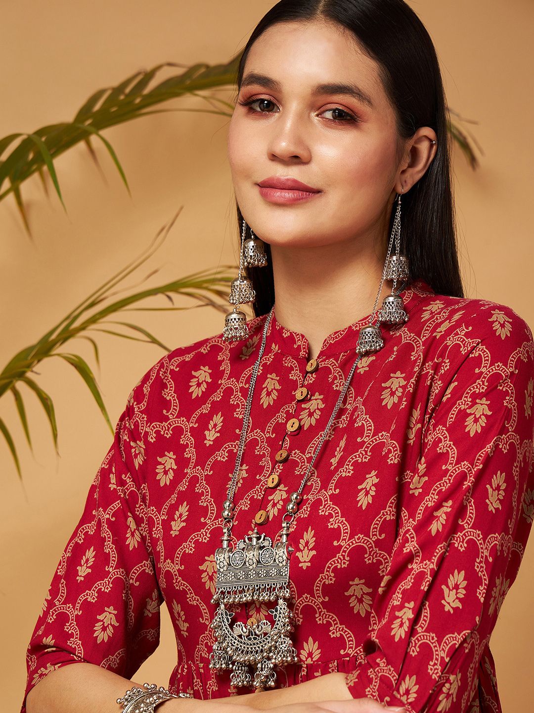 Shae by SASSAFRAS Maroon Ethnic Printed Mandarin Collar Liva A-Line Top