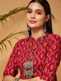 Shae by SASSAFRAS Maroon Ethnic Printed Mandarin Collar Liva A-Line Top