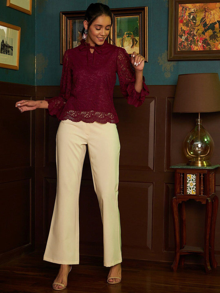 Athena Burgundy Tie-Up Neck Lace Top