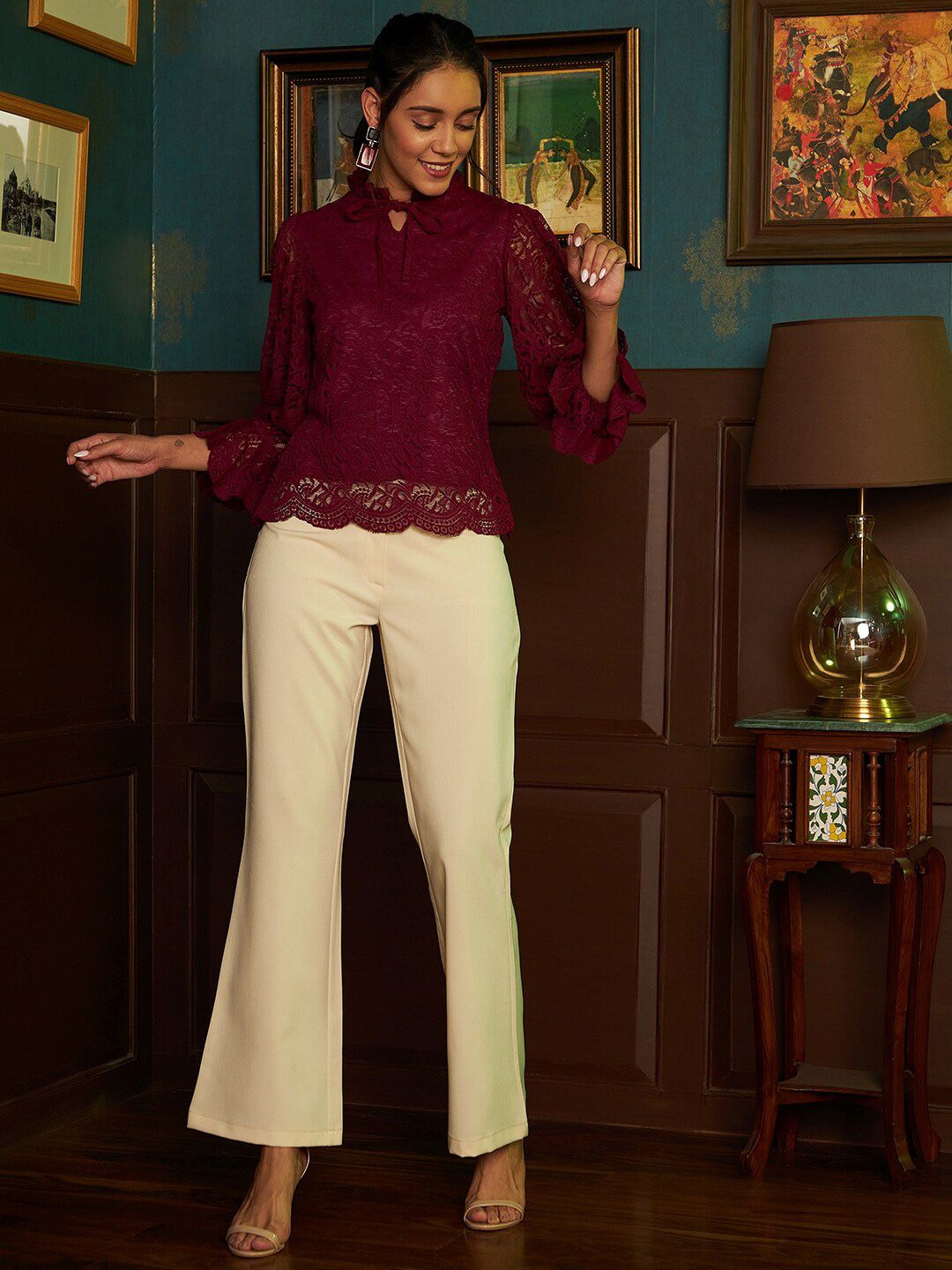 Athena Burgundy Tie-Up Neck Lace Top