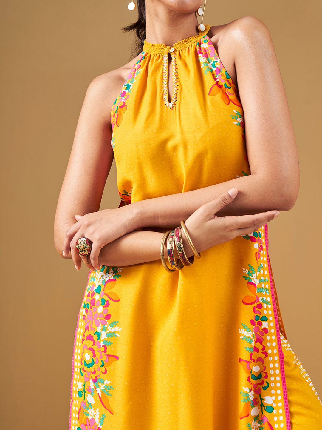 Global Desi Floral Printed Halter Neck Straight Kurta & Palazzo