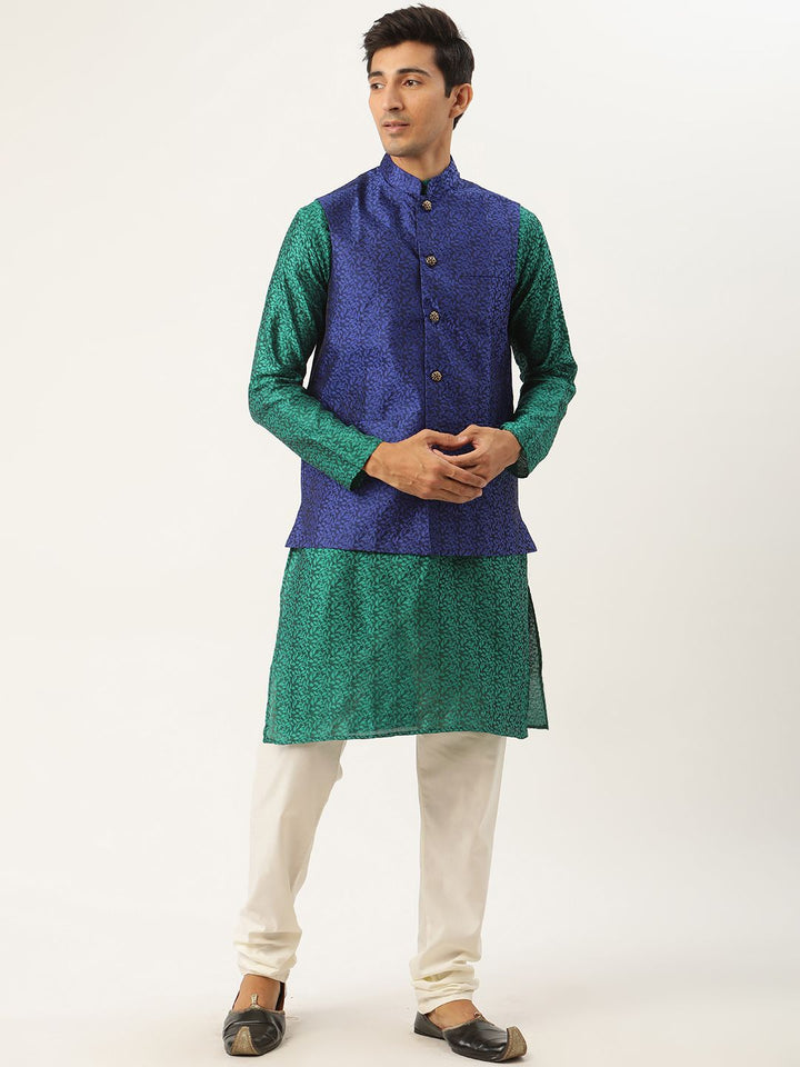 SOJANYA Kurta Sutera Jacquard Rekaan Sendiri Hijau Lelaki dengan Jaket Churidar & Nehru