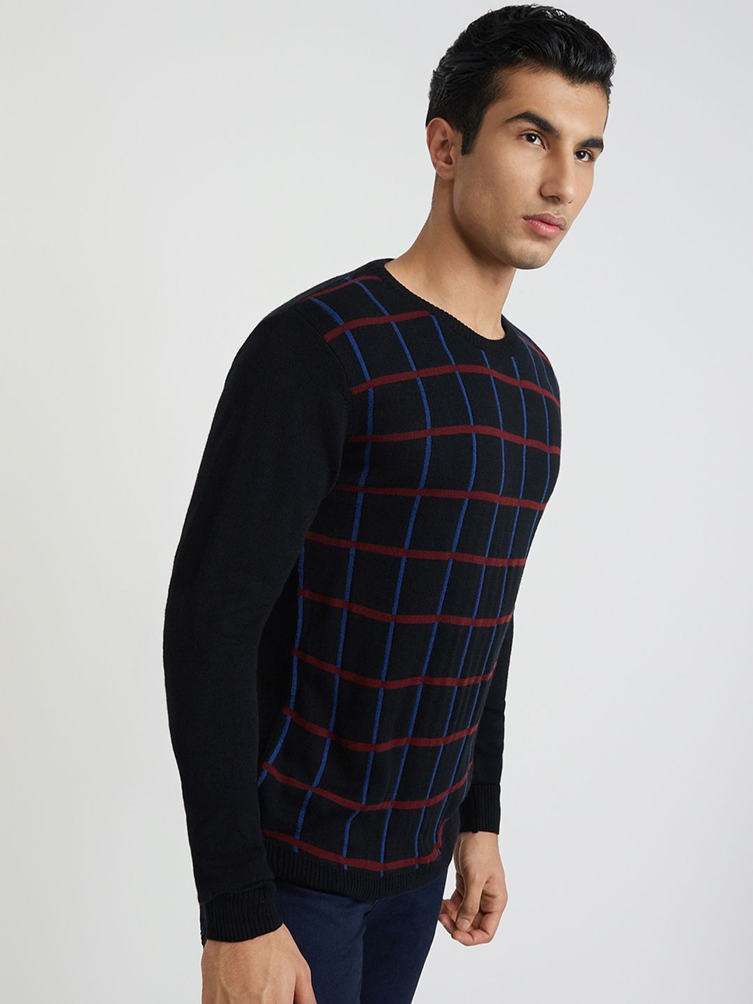 Raymond Men Black & Blue Checked Pullover
