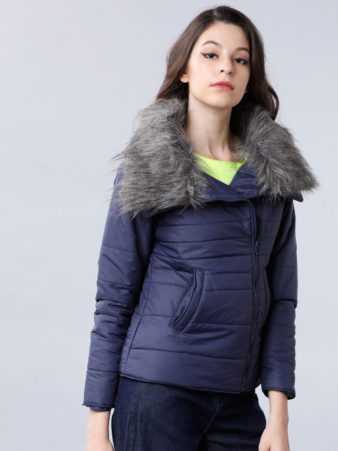 Tokyo Talkies Women Navy Blue Solid Puffer Jacket