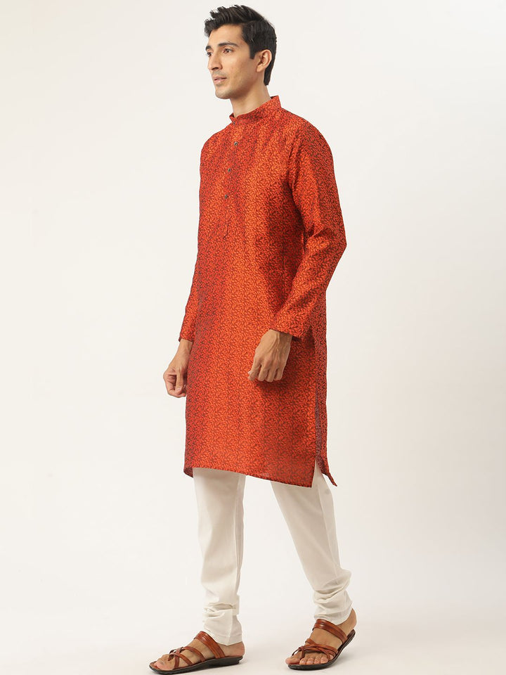 SOJANYA Men Orange & Yellow Ethnic Motifs Woven Design Kurta with Churidar & Nehru Jacket