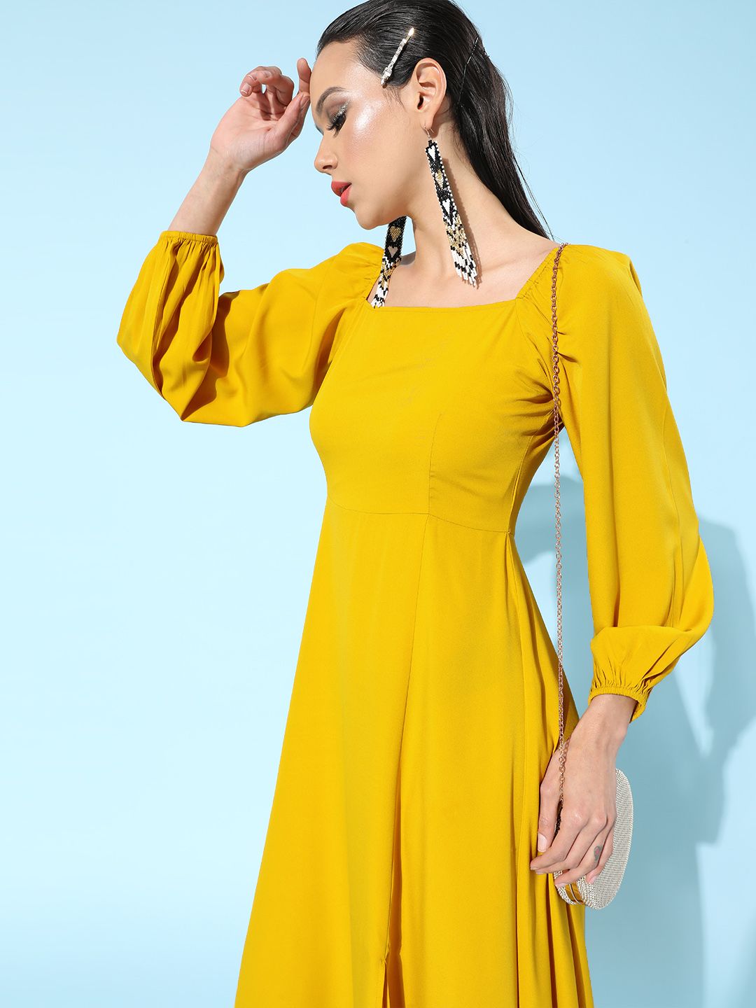 Berrylush Bright Yellow Solid Puff Sleeves Dress