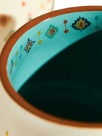 Chumbak Cream-Coloured & Green 4-Pieces Floral Printed Ceramic Glossy Cups 200 ml Each